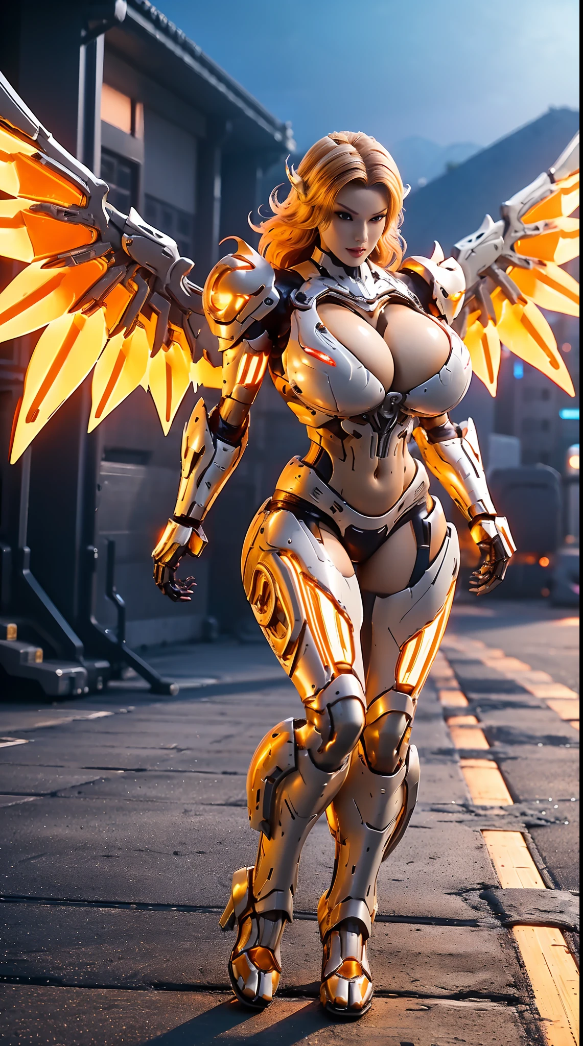 HUGE FAKE BOOBS, (BEAUTIFUL FACE, (ORANGE:1.2, WHITE:0.8, RGB:1), (CROP TOP MECHA ARMORED GEAR), (((A PAIR OF HUGE MECHANICAL WINGS SPREAD OUT))), FUTURISTIC DRAGON MECHA SUIT, (CLEAVAGE), (SKINTIGHT YOGA PANTS), (PERFECT BODY:1.2), (FULL BODY VIEW), FRONT, (STANDING:1), (MECHANICAL HIGH HEELS), MUSCLE ABS, UHD, 8K, 1080P.