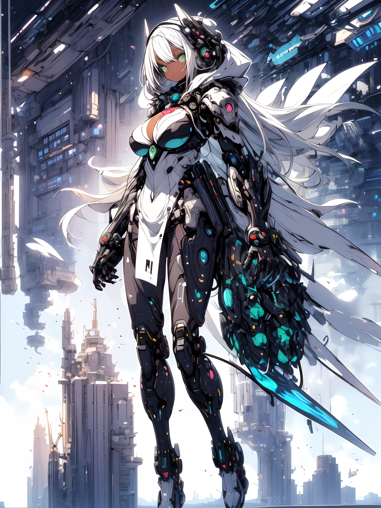 The most beautiful and sexy mecha warrior girl, platinum hair, green eyes, dark african skin, wearing a highly detailed futuristic hooded mecha battle armor, mechanical angel wings, huge enormously gigantic tits, cleavage showing, tons of tattoos and piercings, in hyper futuristic city metropolis, cherry blossoms blowing in the wind, highly detailed background, absurdres, highres, ultra detailed, (cute illustration:1.5), (cute,kawaii,sweet:1.2),
(1girl:1.4), bodysuit, cyborg girl,
hyper gigantic mechanical hands,dynamic pose, 
nice hands, perfect hands, incredibly cinematic, best quality, best resolution