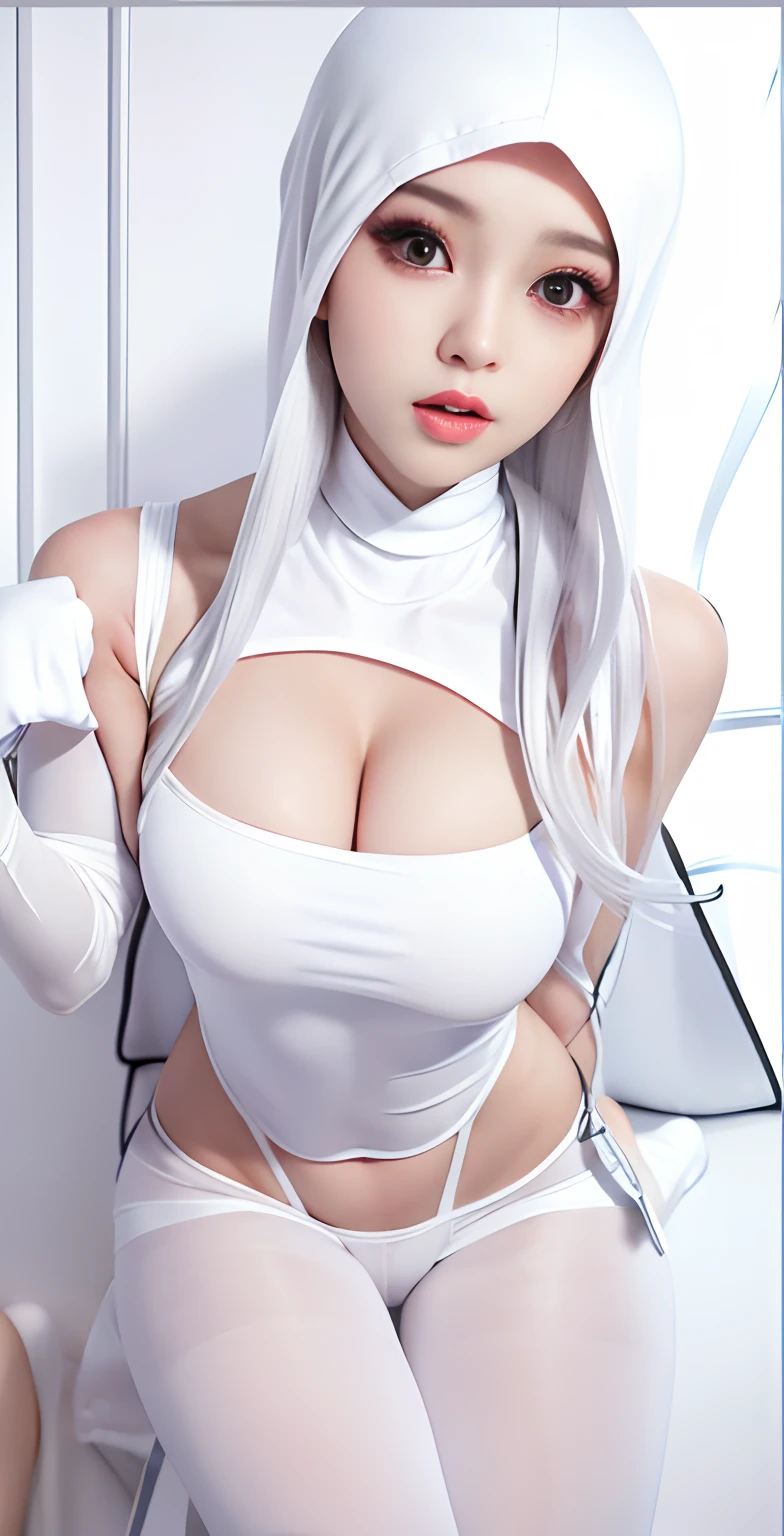 Arab asian woman in white top and black panties, wearing leotard, chrome bodysuit, Smooth white tight clothes suit, cute girl wearing a tank suit, tight outfit, 奈良美智, wearing tight shirt, wearing shiny breastplate, wearing white leotard, tight outfit, sakimichan, Tight shirt