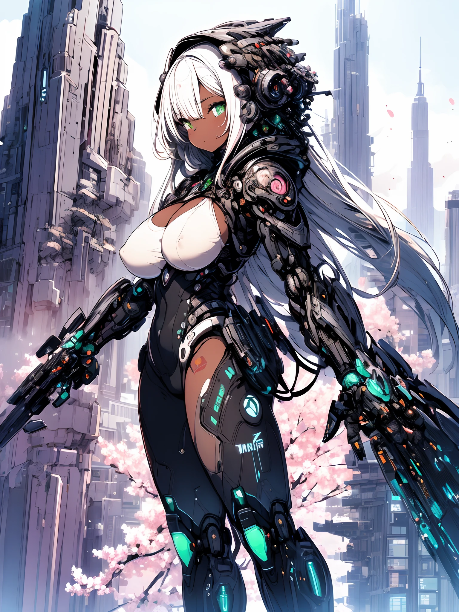 The most beautiful and sexy mecha warrior girl, platinum hair, green eyes, dark african skin, wearing a highly detailed futuristic hooded mecha battle armor, mechanical angel wings, huge enormously gigantic tits, cleavage showing, tons of tattoos and piercings, in hyper futuristic city metropolis, cherry blossoms blowing in the wind, highly detailed background, absurdres, highres, ultra detailed, (cute illustration:1.5), (cute,kawaii,sweet:1.2),
(1girl:1.4), bodysuit, cyborg girl,
hyper gigantic mechanical hands,dynamic pose, 
nice hands, perfect hands, incredibly cinematic, best quality, best resolution
