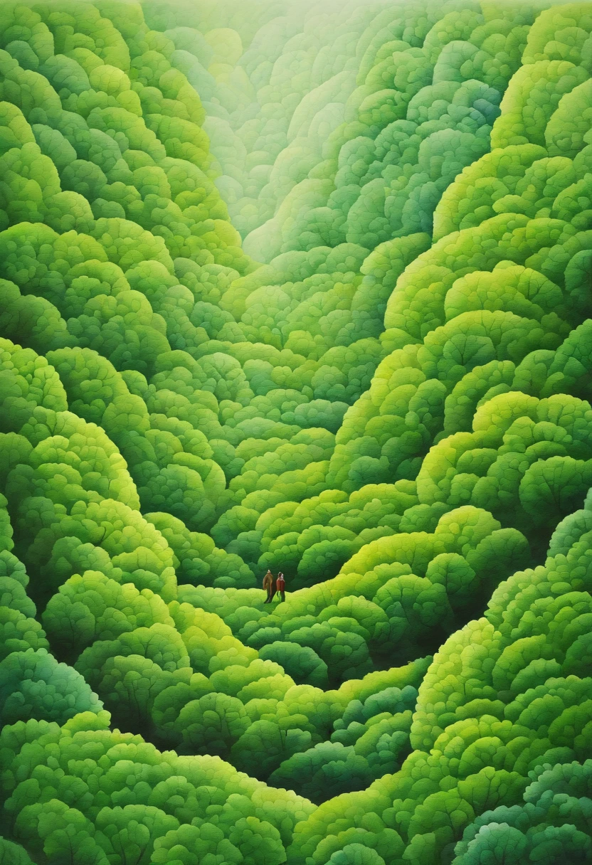Detailed image of a man lost in a green forest, Contemporary Op Art style, kintsugi, Large canvas, Hard-edged painter, eye - catching detail,
Aerial view, Sudesan Patnaik