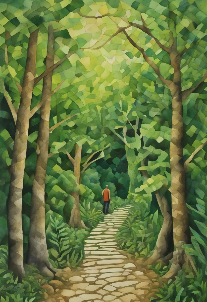 Detailed image of a man lost in a green forest, Contemporary Op Art style, kintsugi, Large canvas, Hard-edged painter, eye - catching detail,
Aerial view, Sudesan Patnaik
