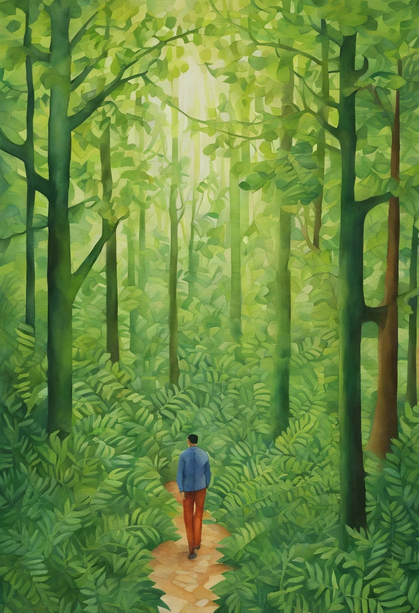 Detailed image of a man lost in a green forest, Contemporary Op Art style, kintsugi, Large canvas, Hard-edged painter, eye - catching detail,
Aerial view, Sudesan Patnaik