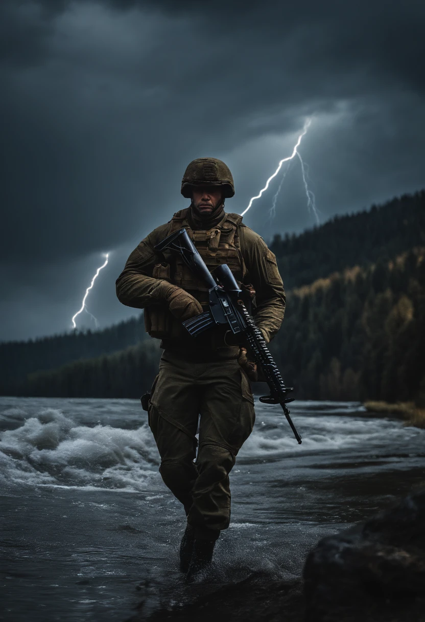 lone soldier, surreal, tense, cold, highly detailed, sharp, professional, 8k UHD, movie, dark, violent, outdoor, river, battle, chase, dramatic, vivid, tense atmosphere, rendering, epic, twilight, HDR, album cover, blizzard, lightning, disaster