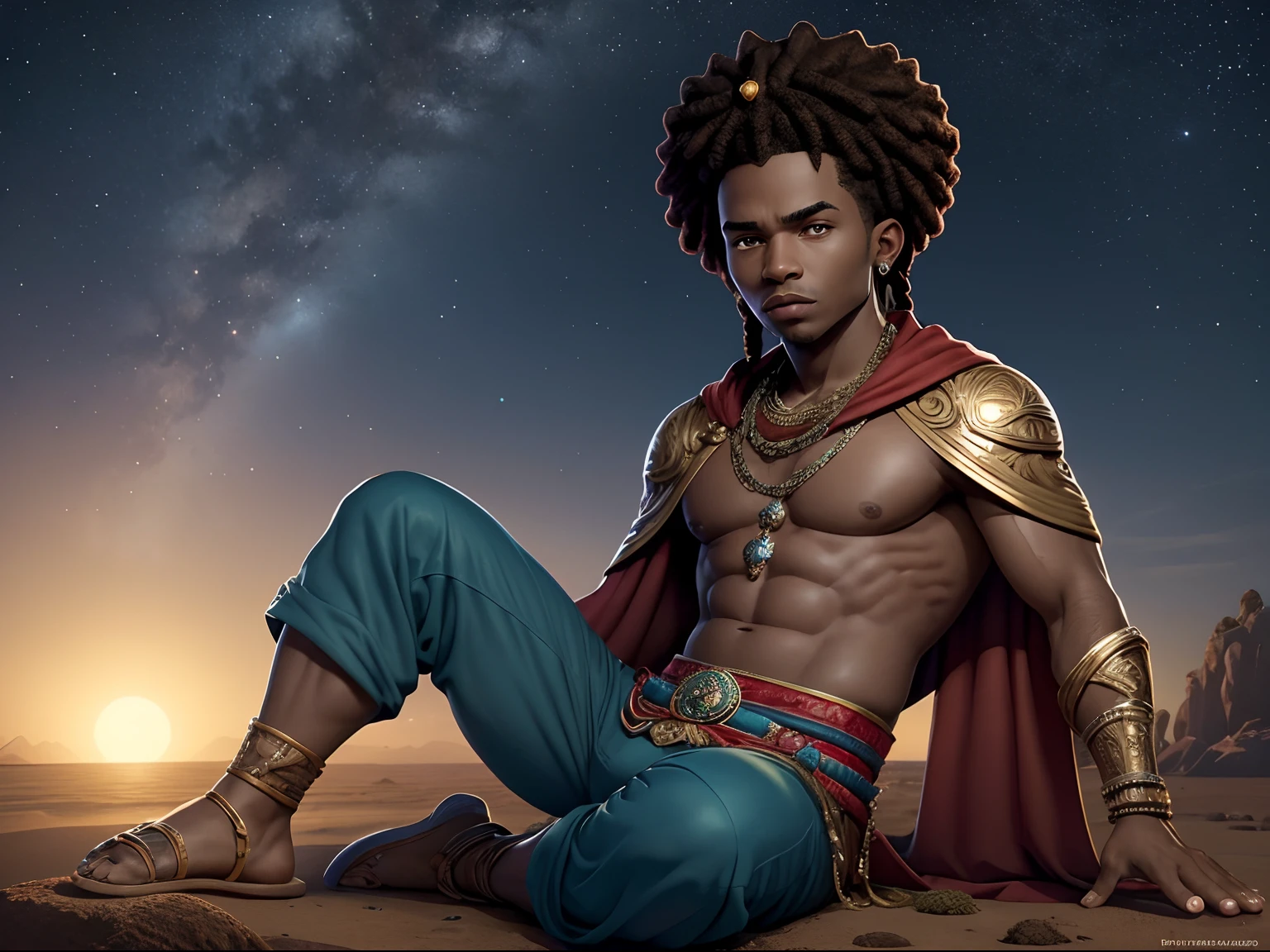 (((um personagem solo))) Crie uma imagem masculino idade entre 20, 25, ,de um ninja negro de ,corpo inteiro uma personagem marrons, Diferente, non-miraculous style , ficha de personagem, fundo branco --ar 3:2,, Estilo Art Vista de Corpo Inteiro, plano completo, vista frontal, Vista lateral, vista traseira, de personagem, Multiple views and poses, various points of view, um personagem, corpo inteiro, personagem com menos, estilo de roupa, no mesmo Estilo de cabelo, less Type of footwear, strong full-body vision, plano completo, vista frontal, vista traseira, design de personagem, Multiple views and poses, various points of view, de um personagem, corpo inteiro,, personagem com mesmo, poses de personagem , Depois de um apocalipse no futuro, afro cabelo caindo para frente, Rasta type but braided, corpo inteiro, Afro Hair with Braids and Rasta: Your hair is afro, with one part braided and the other in the rasta style. The haircut is lateral, dando a ele um visual distinto e moderno.
cor da pele: Moreno, reflecting Cape Verde's ethnic diversity.
cosmic blue eyes: His eyes have a cosmic blue hue, Adding a heavenly touch to your arence. Uma estrela dourada brilha na testa, representing your connection to the stars.
medium and muscular body: He possesses an athletic and muscular body, result of his determination and training. wearing sandals: Cape Verde star prefers features, that match the tropical climate of Cape Verde and show its connection to nature. roupa: Its costume is a vivid representation of the Cape Verdean flag and incorporates discreet tribal elements into its design. The colors of the route are: Branco: Simboliza paz e unidade. vermelho: Denotes determination and spirit. dourado: Presente nas estrelas da bandeira e na estrela em sua testa, simboliza a riqueza cultural e espiritual de Cabo Verde. Personalidade:
Cape Verde star is a brave and dedicated young man