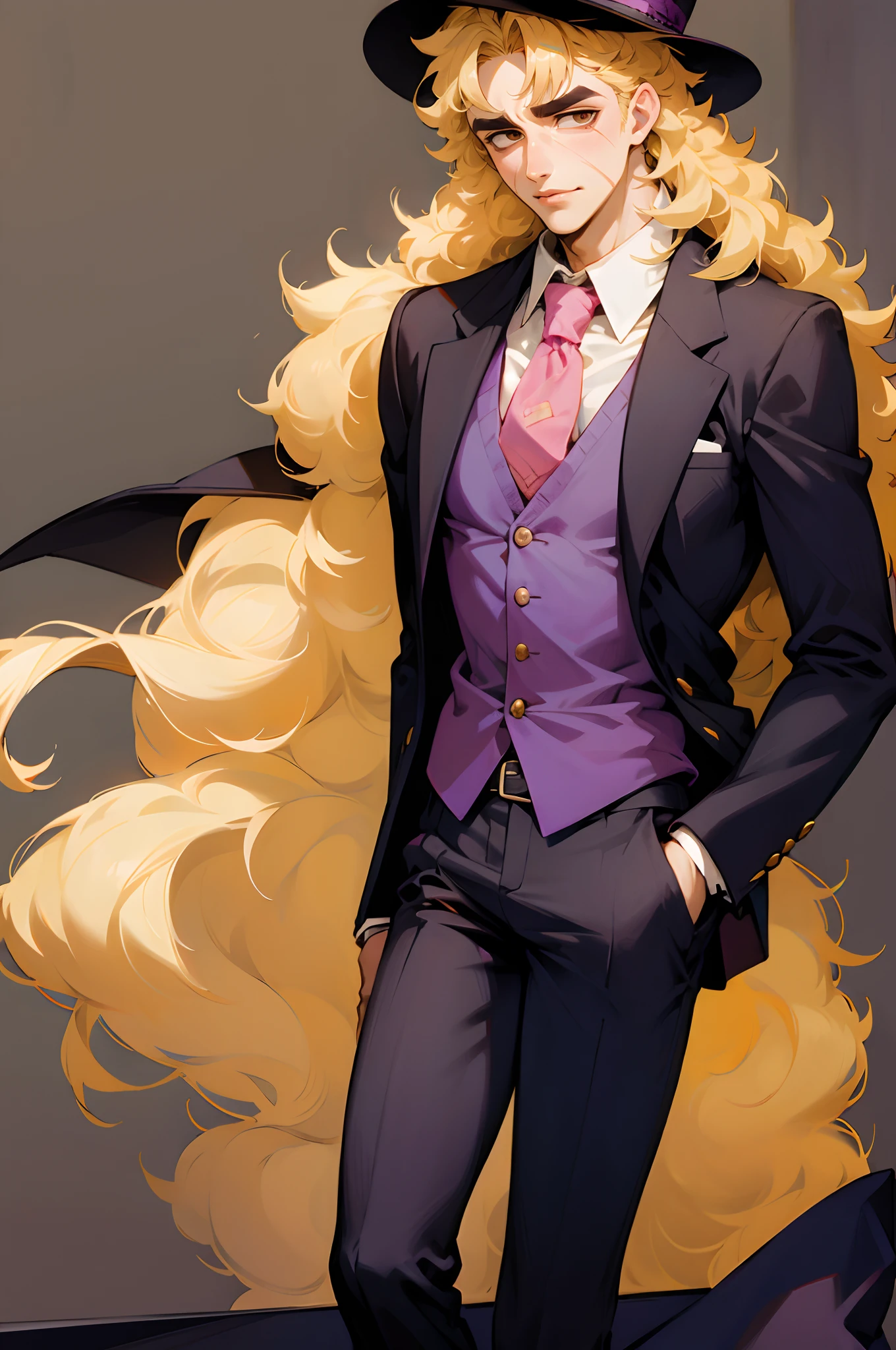 Speedwagon, solo, long hair, blonde hair, 1boy, male focus, necktie, scar, formal suit, bowler hat