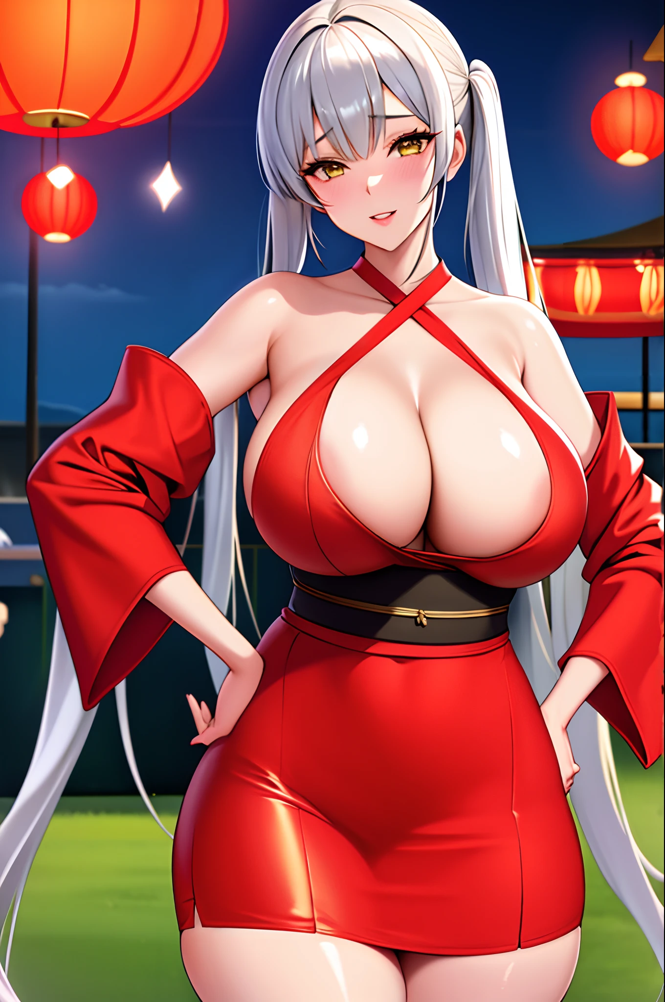 a 1girl, 独奏, red theme, looking a viewer, big breastes, portraite of a, from on the side, Bad Girl, ((Mature woman)), ((night:1.5)),outdoors, ((extremely detailed background)), summer festival, paper lantern, crowded, market stall, 
standing, facing viewer, cowboy shot, hand on hip, 
white hair, very long hair, long twintails, (left blue eyes 1.2), (right yellow eyes:1.2), heterochromia, bangs, hair clip, thick thighs,
japanese clothes, wide sleeves, thighs, print kimono, short kimono, striped thighhighs, miniskirt, 
1girl, solo, (20 years old:1.5),Beautiful Finger,Beautiful long legs,Beautiful body,Beautiful Nose, perfect face,(mature:1.1),(milf:1.1),(mature female:1.3),make up,parted lips,(shiny skin:1.3),(perfect female body:1.2),(gorgeous detailed skin),(detailed hair), masterpiece,  high quality, highres,  absurdres,(beautiful and aesthetic:1.2), beautiful hand, 4k, 8k, perfect balance, perfect eyes, expressive eyes, detailed aqua eyes,
looking at viewer, smile,
ray_tracing,intricate details,depth of field, extremely delicate and beautiful,bokeh,beautiful reflection,perfect lighting
(Beautiful,large breasts:1.3), (beautiful_face), (narrow waist),