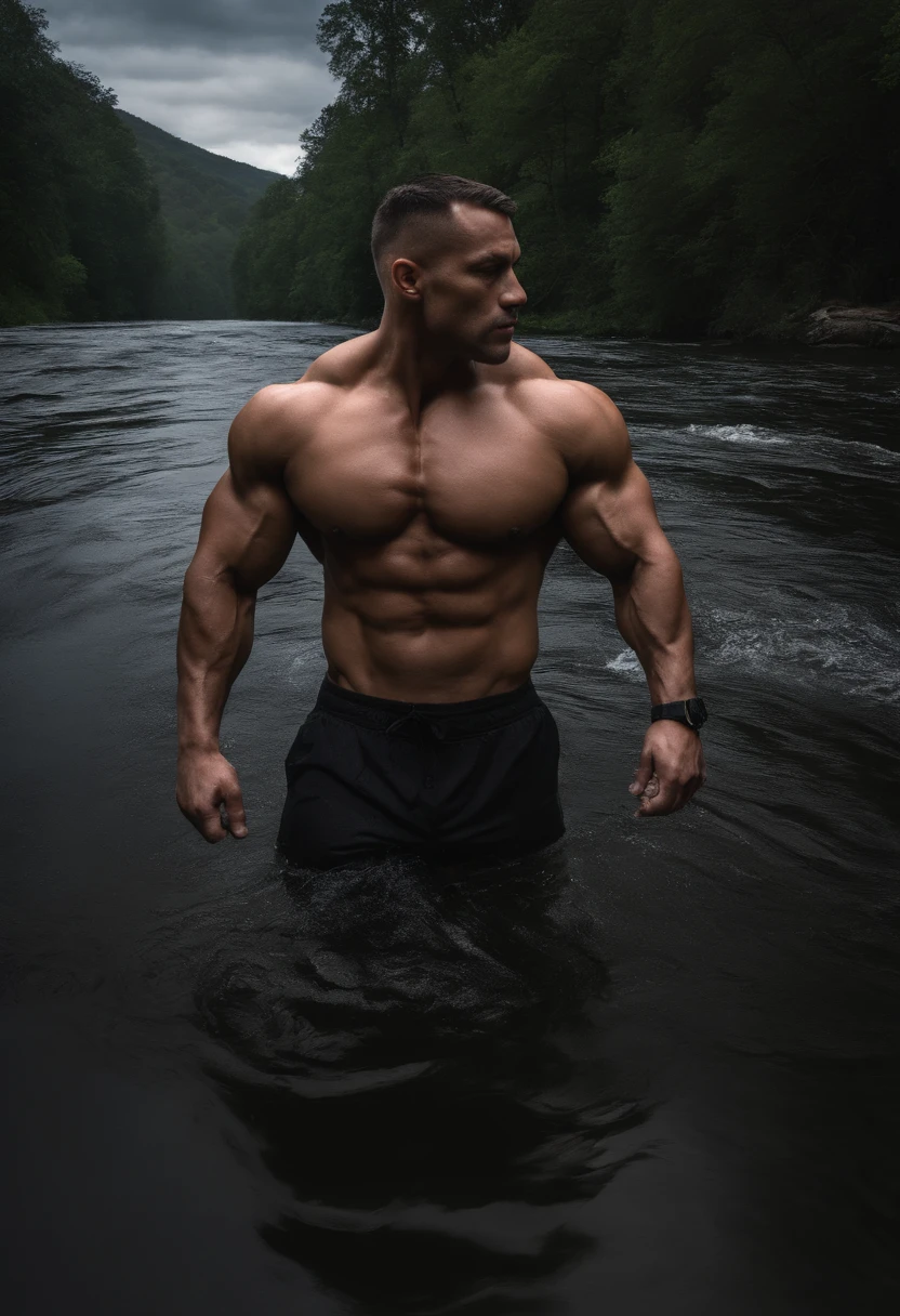 bodybuilder, surreal, tense, cold, highly detailed, sharp, professional, 8k UHD, movie, dark, violent, outdoor, river, battle, chase, dramatic, vivid, tense atmosphere, rendering, epic, twilight, HDR, album cover, blizzard, lightning, disaster