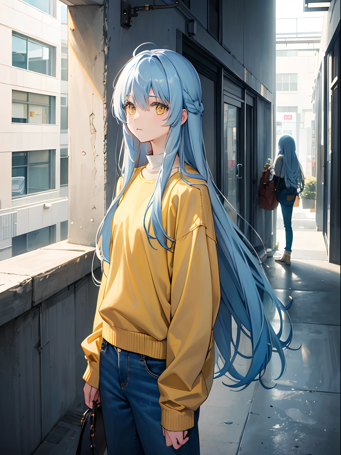 Long Hair, Yellow Eyes, Light Blue Hair, small body, Wearing Sweater, Wearing Jean Pants, inside a building, snowy background