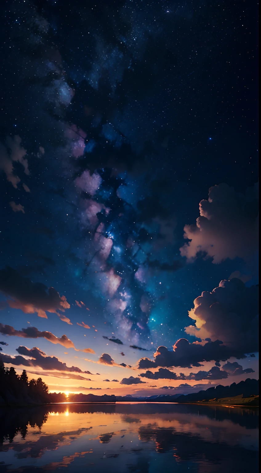 (masterpiece), best quality, gorgeous, reflections, beautiful clouds, sky, water, ((night)), white clouds, landscape, perfect light, pure, divine, 4k, stars, milkway