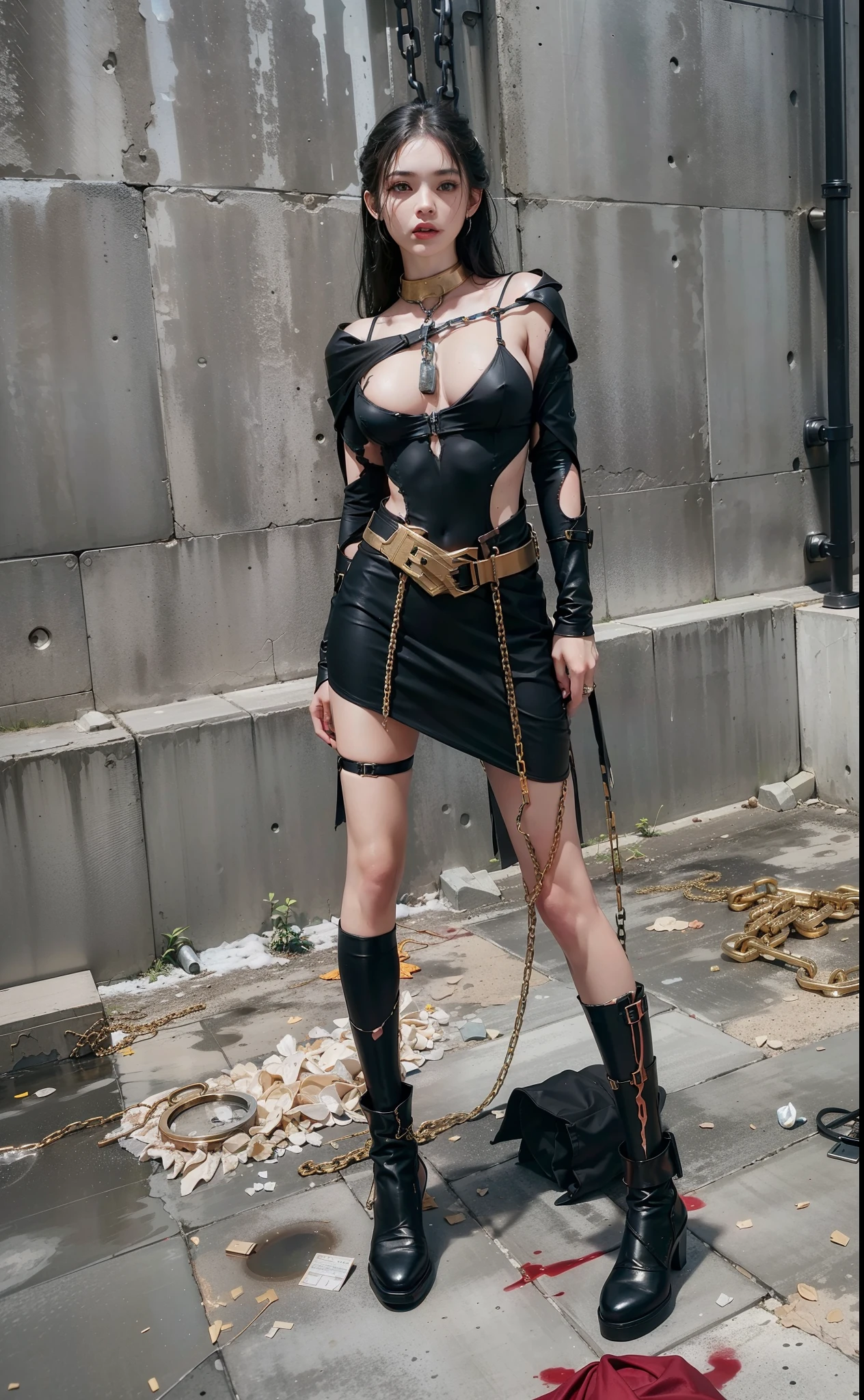 ,((Wearing a torn sheer costume of a superheroine)),(, No bra)), Wet crotch, Wet thighs, Beautiful girl with accentuated slender abs: 1.4, (((nipple tips protruding, areola is protruding, The shape of the pubic region is clearly visible)), sixpack abs: 1.4, Bust Botox, Photo, Sharpness, Unique 850 4, Koda850 k portrait camera, F1.6 shots, Ultra-realistic textures, Spectacular light textures, Cinestil 800 Fashion Mechanics, (futuristic sci-fi battle fashion: 1.1), (tied perfectly by chain), Restraint, Slaves, collars, ((wide prison with sunlight)), Dark fantasy, Realistic material details, extreme hight detail, Ultra-realistic materials ((Torn costume))), Wet, Cloudy, (Chained)), ((big emphasized by chains)), ((chains digging into crotch)), ( (Collar)), (, No bra), shredded costumes, broken golden shields and battle spears,, White combat gloves, Combat shoulder armor, Blood splattered on the face, Blood splattered, Realistic, (Bruises, Dirty, ripped clothing, skimpy clothing, Blood: 1.3), Torn Cape, Torn pantyhose, Long legs, ((iron pipe in the crotch)), Metallic shackles and fetters, ((chains hung from heaven)), Wet crotch is clearly visible, Swarovski's sword and the anatomy beneath his feet, (futuristic sci-fi battle fashion, Torn mesh stockings),