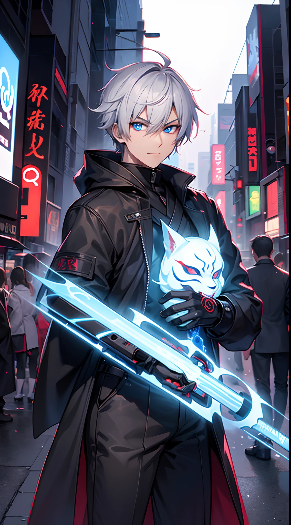 (male character), 1boy, In the neon-lit streets of a bustling metropolis, a male anime character with a modern assassin theme lurks in the shadows, his Japanese kitsune mask adding an air of mystery to his short white hair and piercing blue eyes.