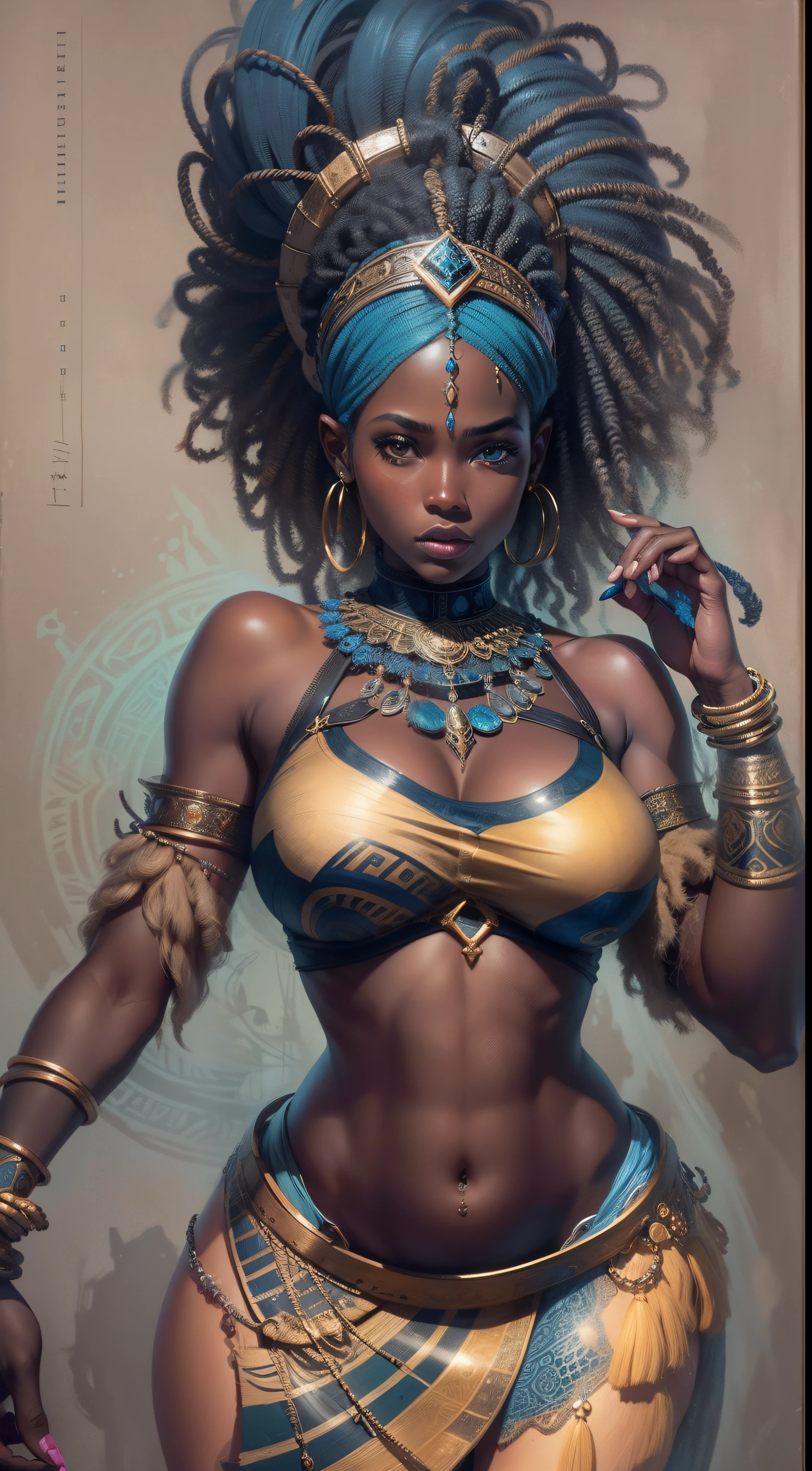 Top CG，（tmasterpiece），（insanely details），（Ultimate quality），1girll，African goddess Yemanja, Coloring, The dominance of blue, perfect bodies, sketchbook, handpainted, darkly, bravery, realistic sketch, Rough sketch, A strong blend of dark colors and loose lines, Bold lines, portraitures,full bodyesbian, African symbol, A symbol of water,dark themes,  big breasts enchanting，dynamicposes