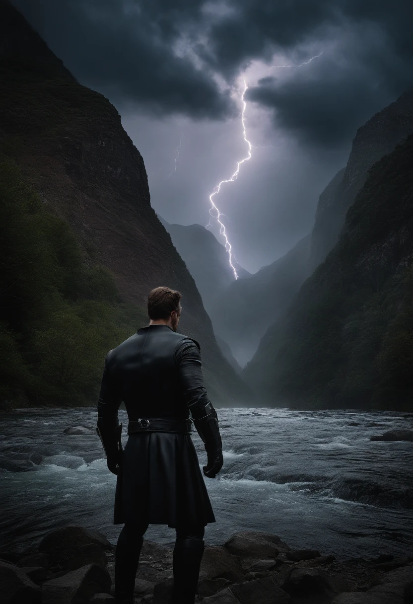 superhero, surreal, tense, cold, highly detailed, sharp, professional, 8k UHD, movie, dark, violent, outdoor, river, battle, chase, dramatic, vivid, tense atmosphere, rendering, epic, twilight, HDR, album cover, blizzard, lightning, disaster