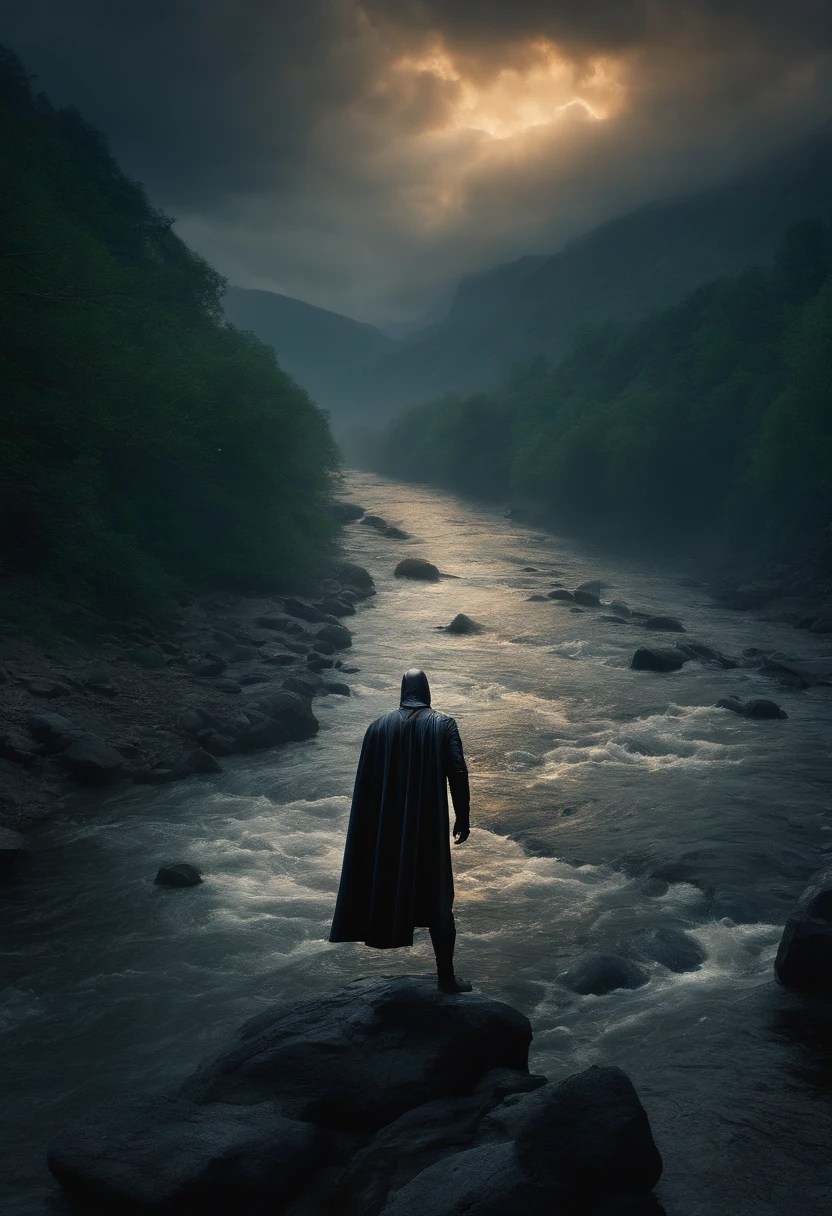 superhero, surreal, tense, cold, highly detailed, sharp, professional, 8k UHD, movie, dark, violent, outdoor, river, battle, chase, dramatic, vivid, tense atmosphere, rendering, epic, twilight, HDR, album cover, blizzard, lightning, disaster