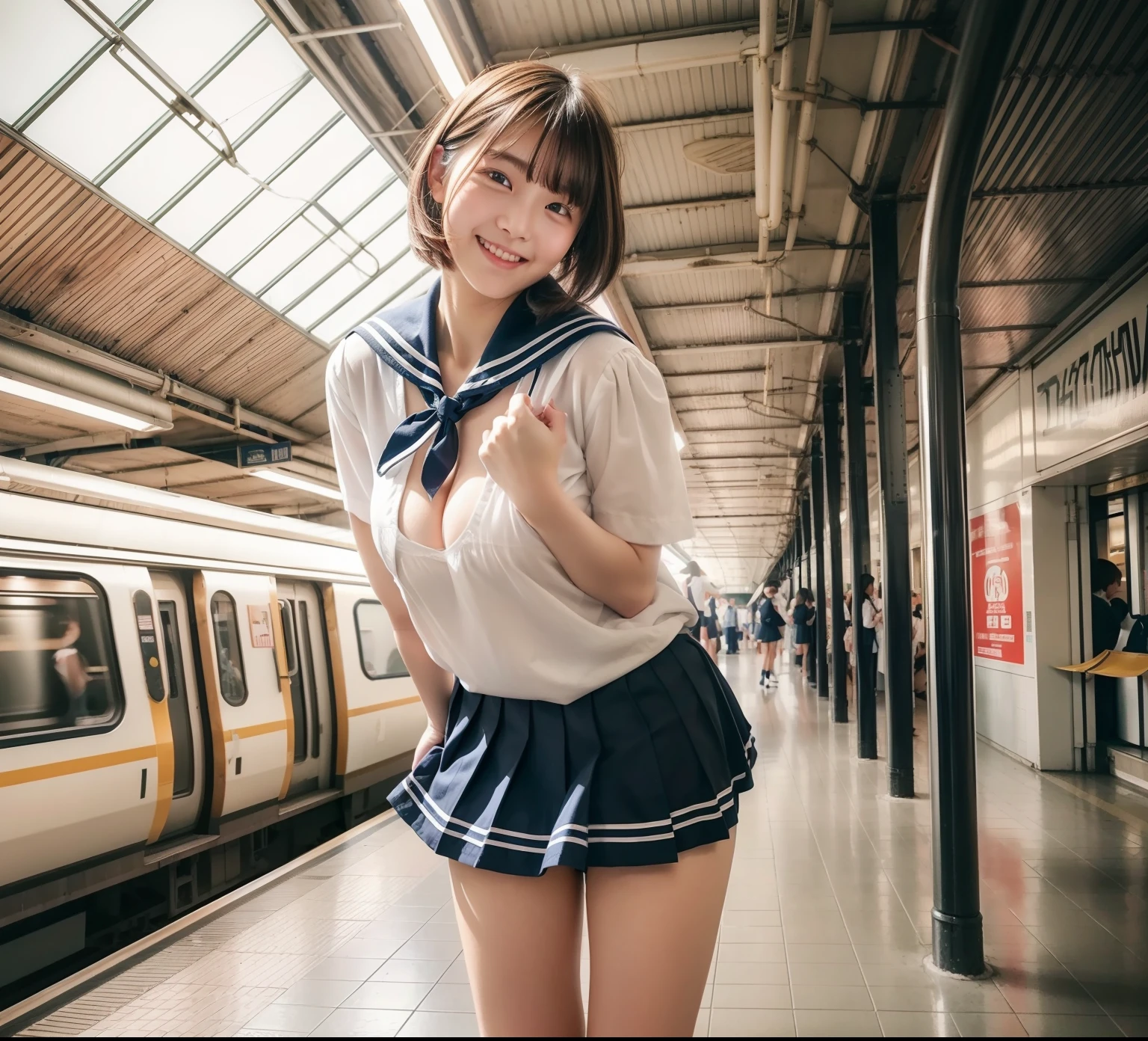 (Beautiful),(age19:1.3),(embarrassed:1.5),(in 8K),((Backshots)),Japan cute girls,raw,portlate,Photorealsitic,超A high resolution,Best Quality,Natural lighting,(Ray tracing:1.2), Full body, 
The break is
(Large breasts:1.3), busty, Flowing sweat, narrow shoulder,(Escalators in subway stations),(short-cut:Bangs down:Floating hair:Brown hair), embarrassed from,School uniform, highschool, Sailor Suit, (lowfers), White short socks, (Shoot from below), highschool, ((pantyshot)), ((up skirt)), ceiling, POV, 
BREAK
(Natural Skin Texture,Detailed skin, Hyper-Realism,ultra sharpness),Intricate details,depth of fields,(get blush),Evil smile,