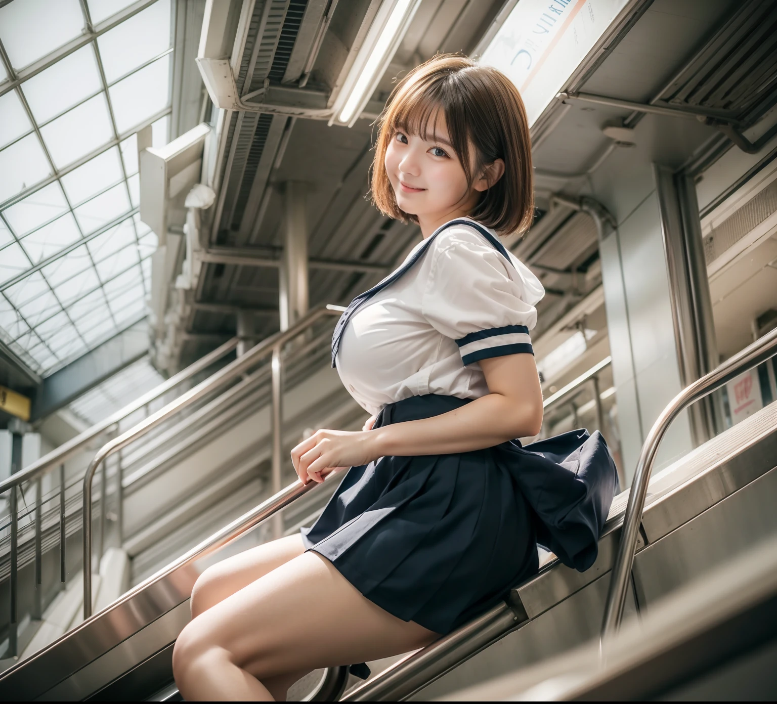 ((escalator))、lewd smile、(realistic、Photoreal:1.37)、(masterpiece)、(highest quality:1.4)、(超A high resolution:1.2)、(Raw photo:1.2)、(sharp focus:1.3)、(stand:1.2)、elegant、(Full body Esbian:1.2)、(A girl in an elaborate sailor suit and pleated skirt:1.3)、cute japanese girl、(smile:1.3)、(shine hair:1.3)、 brown haired、bob cut、 short pleated skirt、
(big breasts:1.2), escalatorの下から撮影、beautiful and delicate eyes、 see the beholder、escalatorの最下段から見上げるアングルで撮影、Secretly photographing underwear under a skirt、white panties:1.8