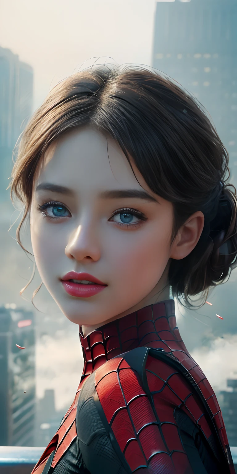 (1girl:1.3), Solo, (((Very detailed face)))), ((Very detailed eyes and face)))), Beautiful detail eyes, Body parts__, Official art, Unified 8k wallpaper, Super detailed, beautiful and beautiful, beautiful, masterpiece, best quality, original, masterpiece, super fine photo, best quality, super high resolution, realistic realism, sunlight, full body portrait, amazing beauty, dynamic pose, delicate face, vibrant eyes, (from the front), She wears Spider-Man suit, red and black color scheme, spider, very detailed city roof background, rooftop, overlooking the city, detailed face, detailed complex busy background, messy, gorgeous, milky white, highly detailed skin, realistic skin details, visible pores, clear focus, volumetric fog, 8k uhd, DSLR, high quality, film grain, fair skin, photo realism, lomography, futuristic dystopian megalopolis, translucent