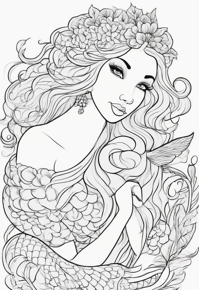 the little mermeid for colouring book. cartoon style. no grey background. bold lines.