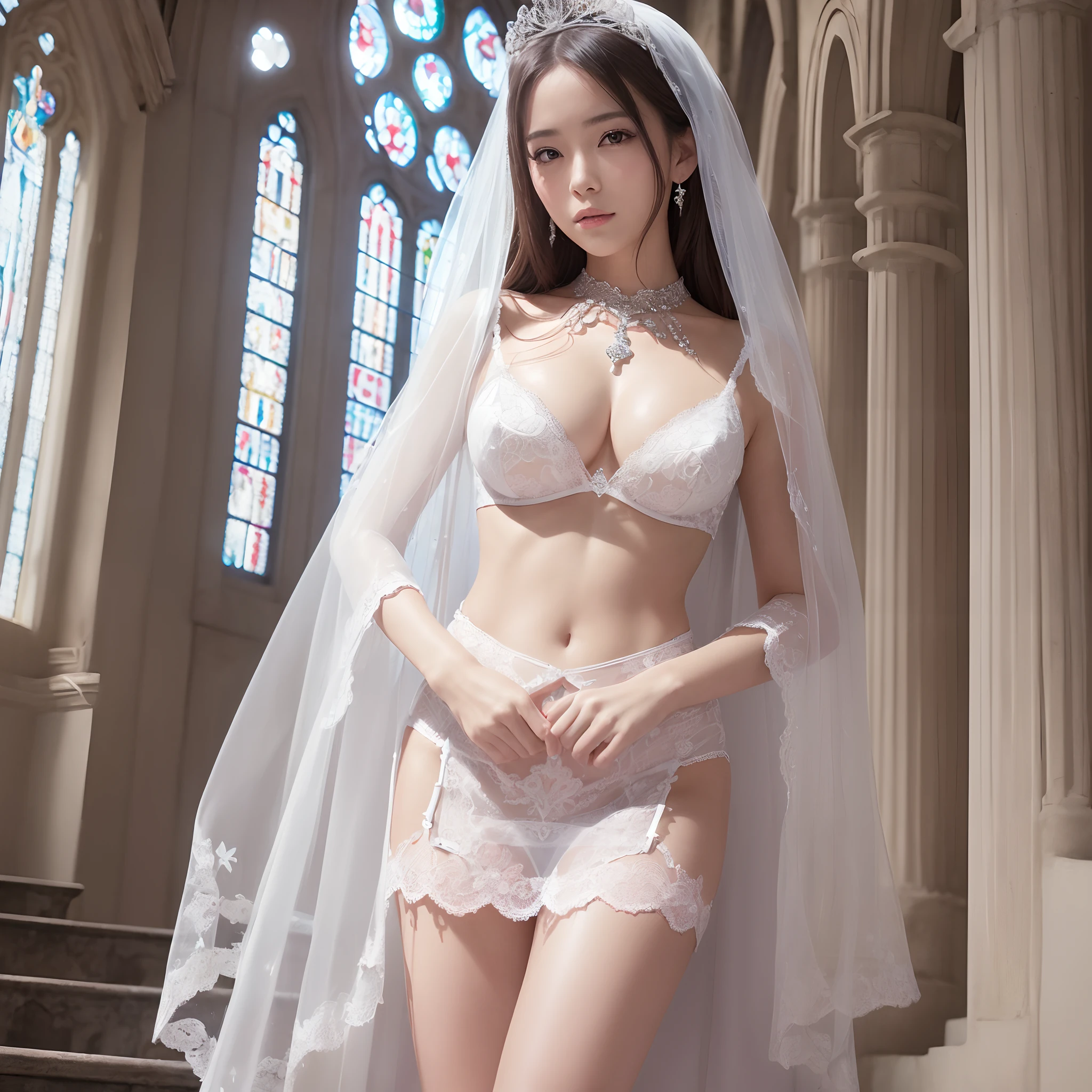 (((nffsw))), (((masutepiece))), (((8K))), (((hight resolution))), (((surrealism))), (((Cinematic lighting))), god rays, Zoom Layer, (((FULL BODYSHOT))), F/4.0, canon, Shiny skin,Detailed skin,Detailed face, Detailed eyes, Beautiful Japan bride Pose in front of a beautiful wedding church, a white veil, Wedding shirts for upper body only, Lower body exposed, White lace panties, tiny chest , silver earing, Diamond necklace, Mystical sight, confeti, sunny sky, Church stairs