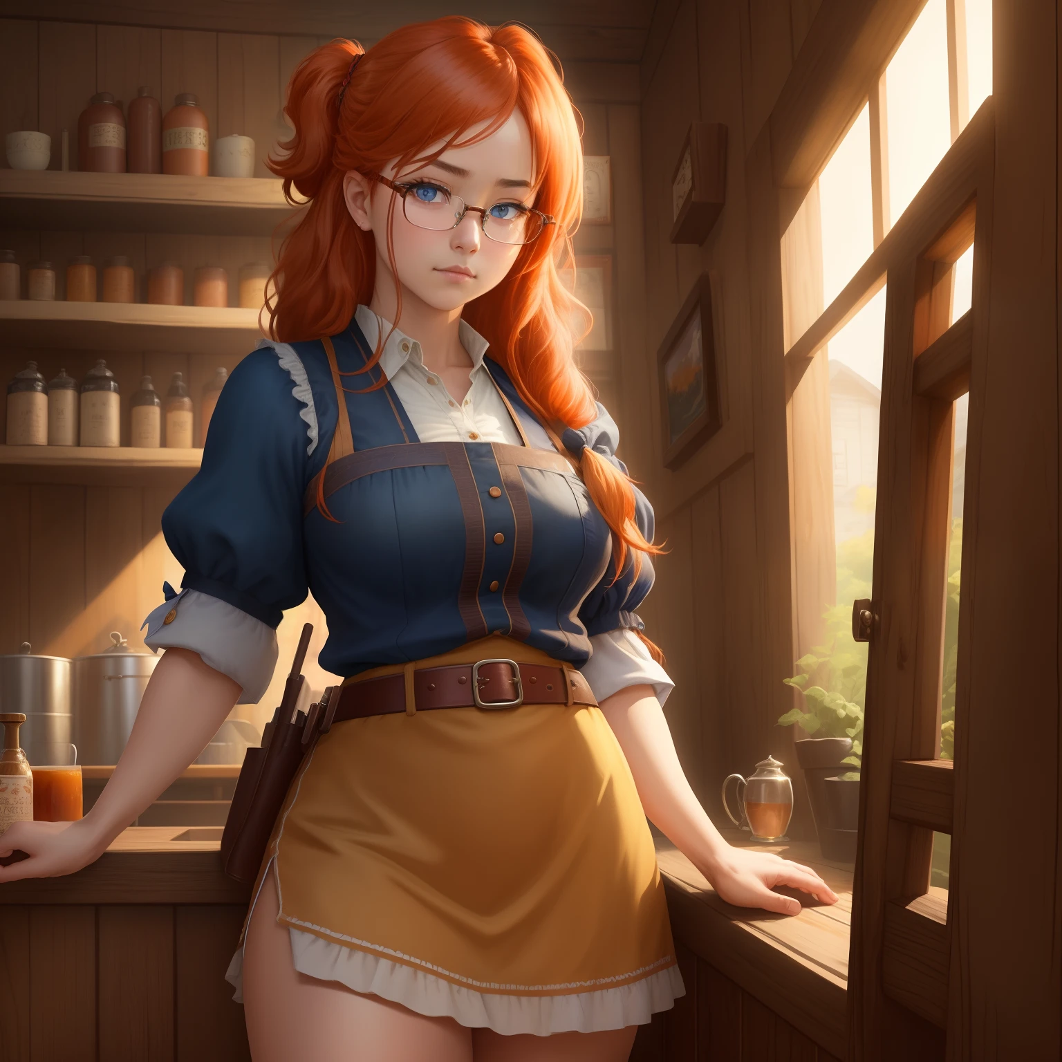 8k, masterpiece, best quality, realistic, higly detailed, cowboy shot, 1girl, solo, itsuki, serious looking girl, medium-length hair, expressive ahoge, reddish-orange hair, a pair of star-shaped hairpins near both of her eyes, dark blue eyes, average height, well-endowed figure, glasses, cute, Tavern Keeper