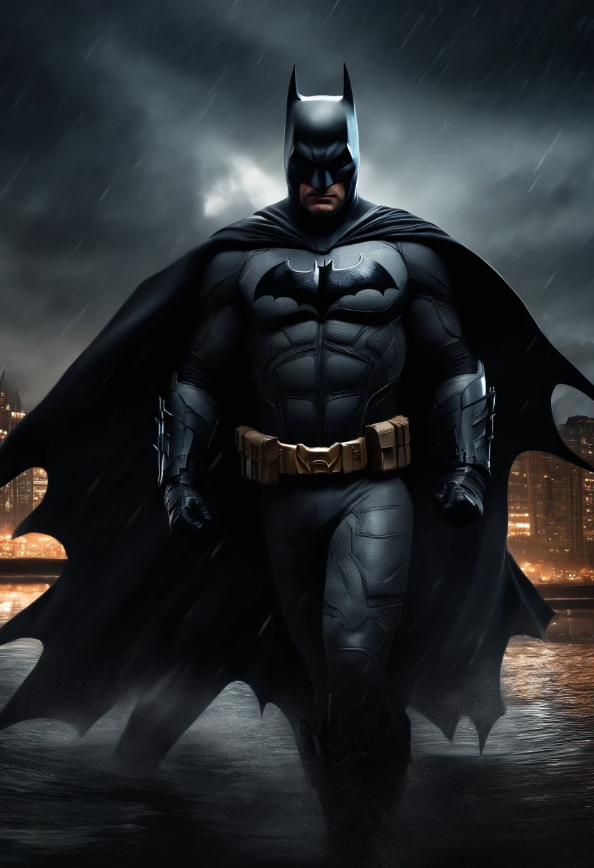 batman, surreal, tense, cold, highly detailed, sharp, professional, 8k UHD, movie, dark, violent, outdoor, river, battle, chase, dramatic, vivid, tense atmosphere, rendering, epic, twilight, HDR, album cover, blizzard, lightning, disaster