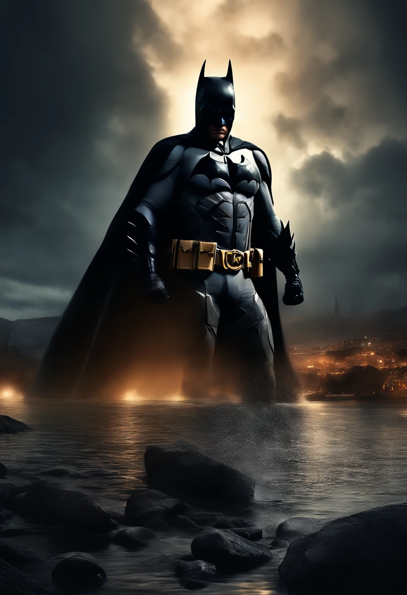 batman, surreal, tense, cold, highly detailed, sharp, professional, 8k UHD, movie, dark, violent, outdoor, river, battle, chase, dramatic, vivid, tense atmosphere, rendering, epic, twilight, HDR, album cover, blizzard, lightning, disaster