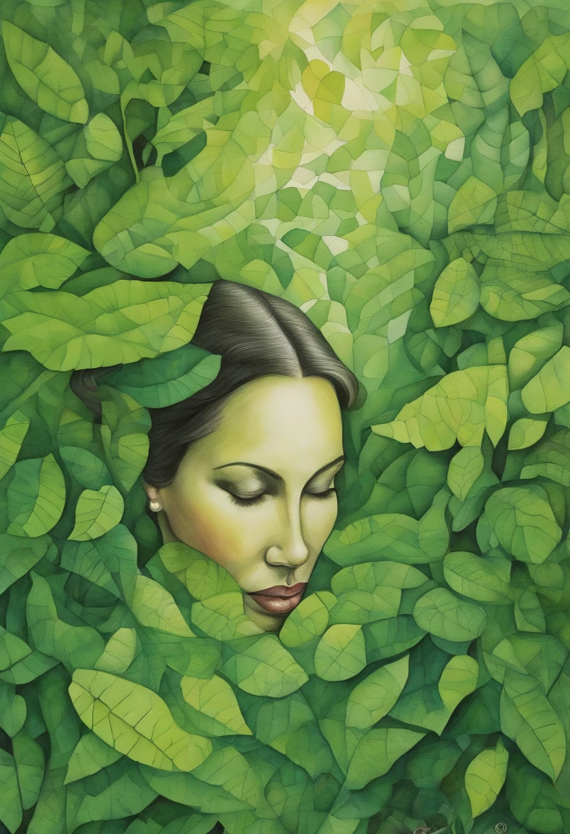 Detailed image of a woman lost in a green forest, Contemporary Op Art style, kintsugi, Large canvas, Hard-edged painter, eye - catching detail,
Aerial view, Sudesan Patnaik