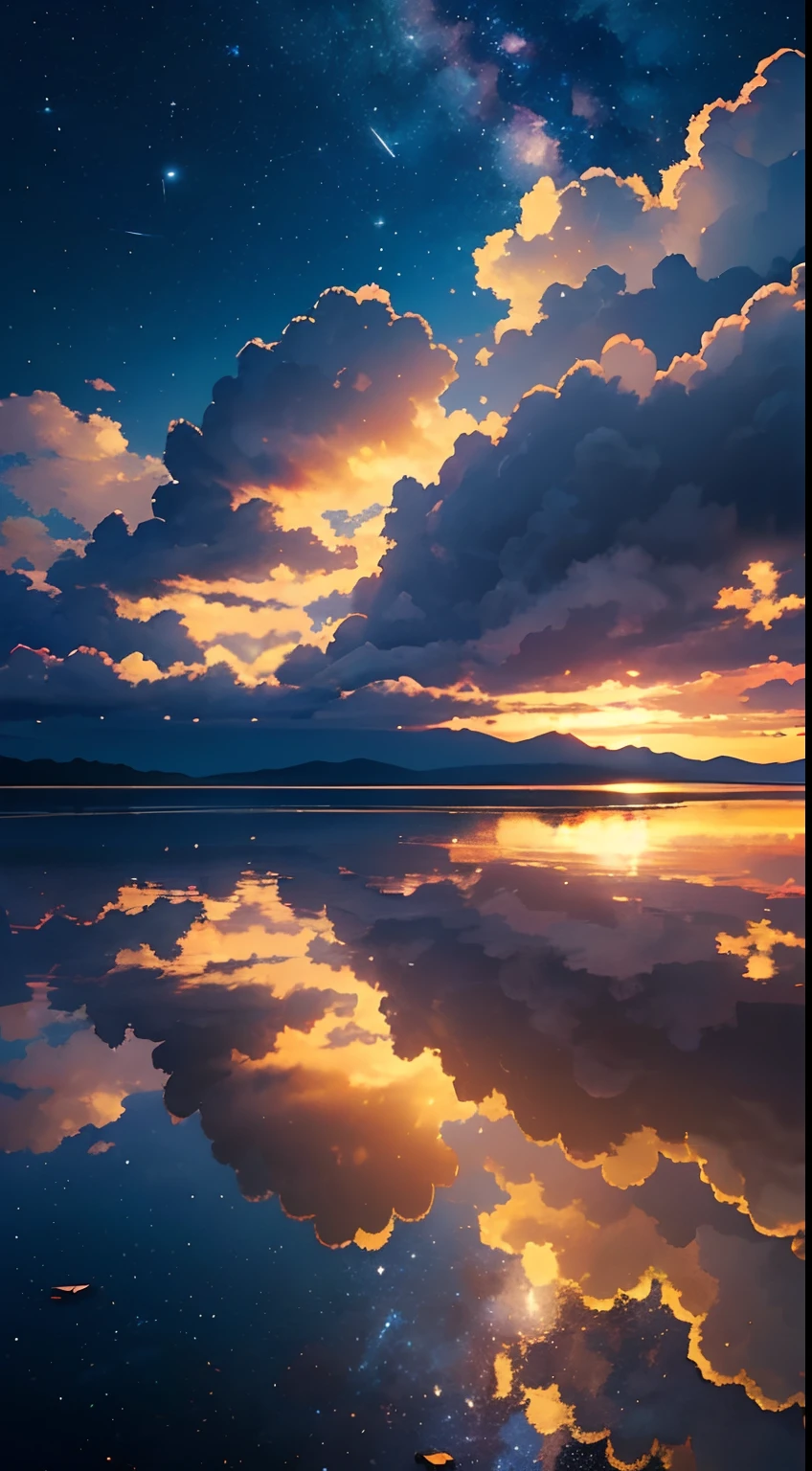 (masterpiece), best quality, gorgeous, reflections, beautiful clouds, sky, water, ((night)), white clouds, landscape, perfect light, pure, divine, 4k, stars, milkway, warm colors, good emotions, happy feelings, freedom, dark night, bright stars