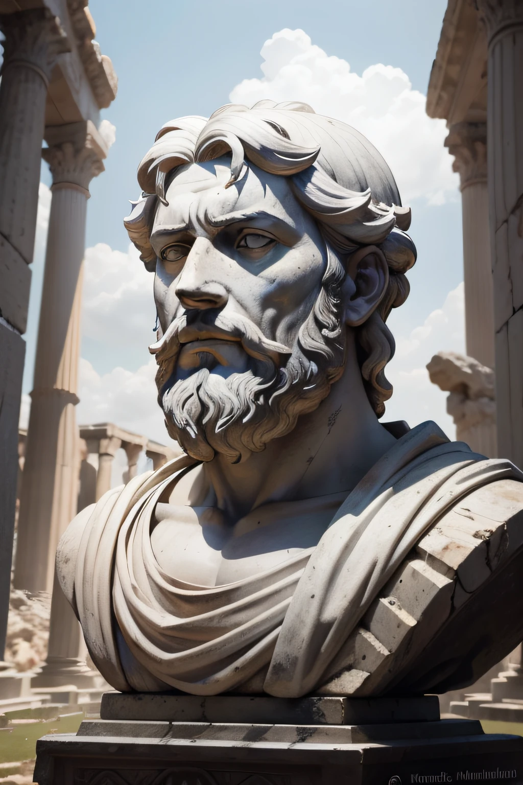 "Portrait of the marble sculpture of the stoic emperor and philosopher Marcus Aurelius, in front of the ruins of an ancient Roman forum. Marcus Aurelius has wise features and a well-trimmed beard, wearing a Roman toga. The sculpture is illuminated dramatically by rays of light, creating a stark contrast with the shadows of the ruins in the background. The image conveys the resilience of Marcus Aurelius' Stoic teachings, which remain relevant centuries later. The scene has epic cinematography, in monochromatic tones, like a black and white photograph."