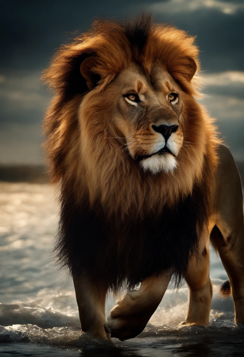 lion, roaring, surreal, tense, cold, highly detailed, sharp, professional, 8k UHD, movie, dark, violent, outdoor, river, battle, chase, dramatic, vivid, tense atmosphere, rendering, epic, twilight, HDR, album cover, blizzard, lightning, disaster