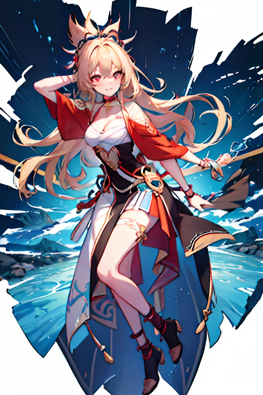 Illustration, UHD, retina, masterpiece, accurate, anatomically correct, super detail, high details, high quality, award winning, best quality, highres, good anatomy, 1080P, HD, 4K, 8k, 16k, 1girl, dynamic pose, androgynous, full body, detailed eyes, detailed clothes, detailed hair, rendering, strands of hair, cute waifu, yoimiya, full body, smiling, white background, hands on side