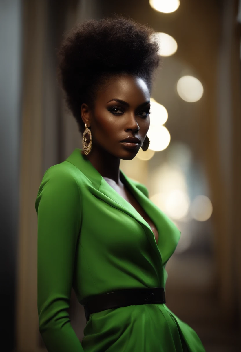Ebony woman ,Ebony woman ,femme noire , dark complexion ,afro ,low water, ,defined loops, cheveux longs, Giant hair, dark black curly hair, Bulky hair all over the body with extremely detailed realistic casual clothing , Green eye piercing bright light lighting, yeux verts intenses, dark makeup,, femme noire, , Highly detailed realistic pose with perfect face details, elegant clothing, modern clothes ,Glossy complete clothing.Belle dame, Rousseur, dark makeup, hyperdetailed photography, Soft Light, head and shoulders portrait, manteau,| (darkness:1.1), nuage, ombre profonde, darkness, award-winning photo, extremly detailed, Awesome, finedetail, Absurde