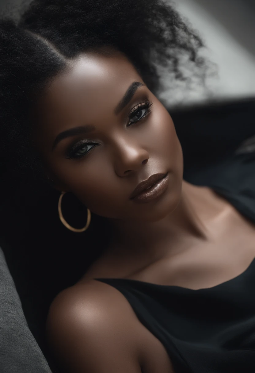 Ebony woman ,Ebony woman ,femme noire , dark complexion ,afro ,low water, ,defined loops, cheveux longs, Giant hair, dark black curly hair, Bulky hair all over the body with extremely detailed realistic casual clothing , Green eye piercing bright light lighting, yeux verts intenses, dark makeup,, femme noire, , Highly detailed realistic pose with perfect face details, elegant clothing, modern clothes ,Glossy complete clothing.Belle dame, Rousseur, dark makeup, hyperdetailed photography, Soft Light, head and shoulders portrait, manteau,| (darkness:1.1), nuage, ombre profonde, darkness, award-winning photo, extremly detailed, Awesome, finedetail, Absurde
