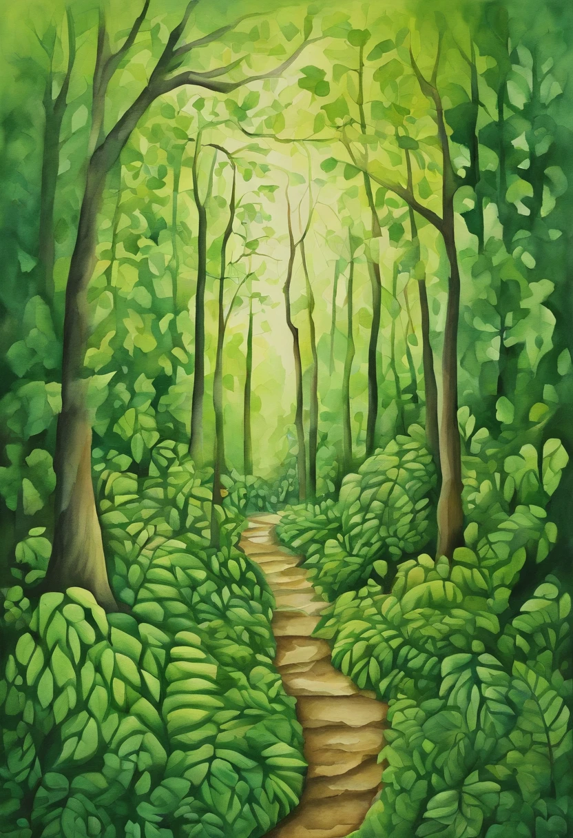 Detailed image of a woman getting lost in a green forest, Contemporary Op Art style, kintsugi, Large canvas, Hard-edged painter, eye - catching detail,
Aerial view, Sudesan Patnaik