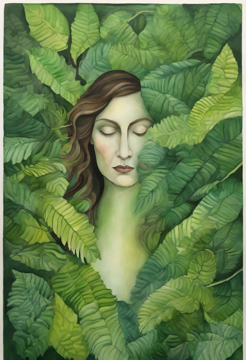 Detailed image of a woman getting lost in a green forest, Contemporary Op Art style, kintsugi, Large canvas, Hard-edged painter, eye - catching detail,
Aerial view, Sudesan Patnaik