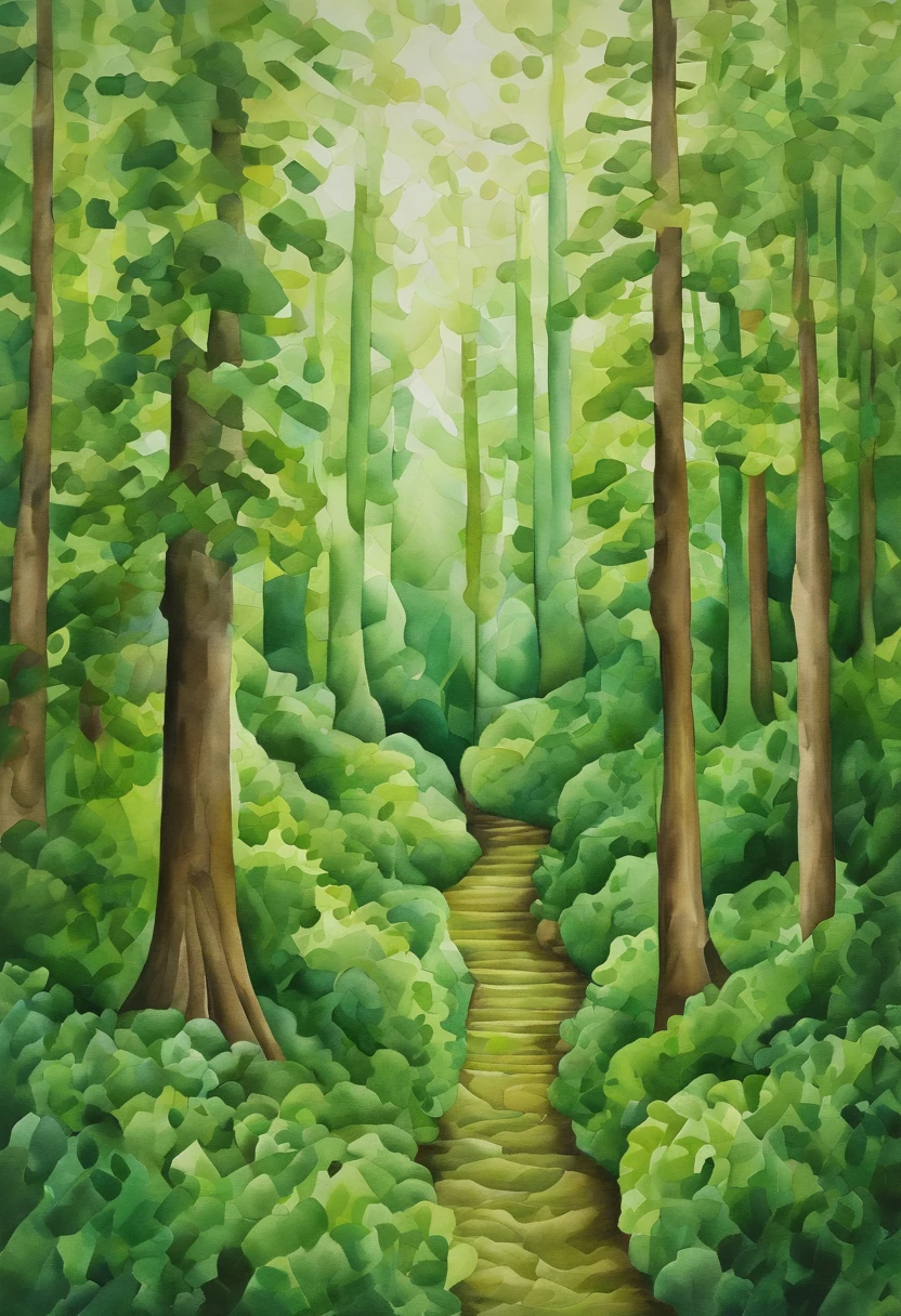 Detailed image of a woman getting lost in a green forest, Contemporary Op Art style, kintsugi, Large canvas, Hard-edged painter, eye - catching detail,
Aerial view, Sudesan Patnaik