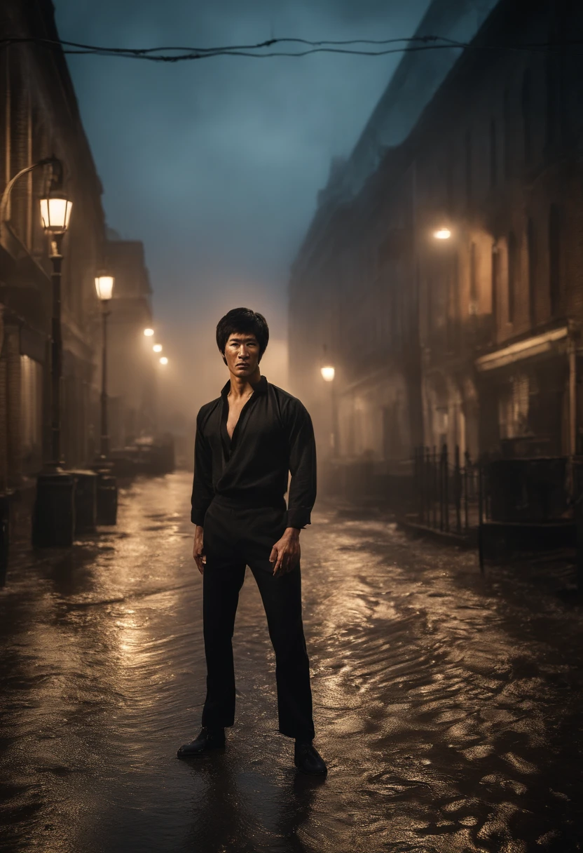 bruce lee, surreal, tense, cold, highly detailed, sharp, professional, 8k UHD, movie, dark, violent, outdoor, river, battle, chase, dramatic, vivid, tense atmosphere, rendering, epic, twilight, HDR, album cover, blizzard, lightning, disaster