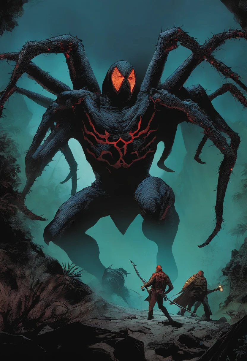 Heroi with cape fighting giant spiders using a torch, estilho Frank Miller