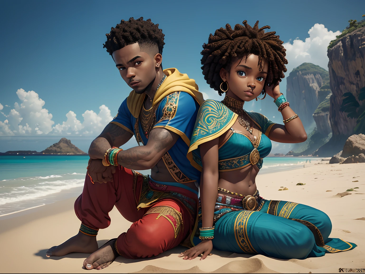 Um close up de um grupo de africanos em trajes africanos desenhados em uma praia, nascer do sol brilhando, com luz iridescente, imagem altamente realista, 32k, Ultra HD |, Cinematic lighting, estilo artgerm