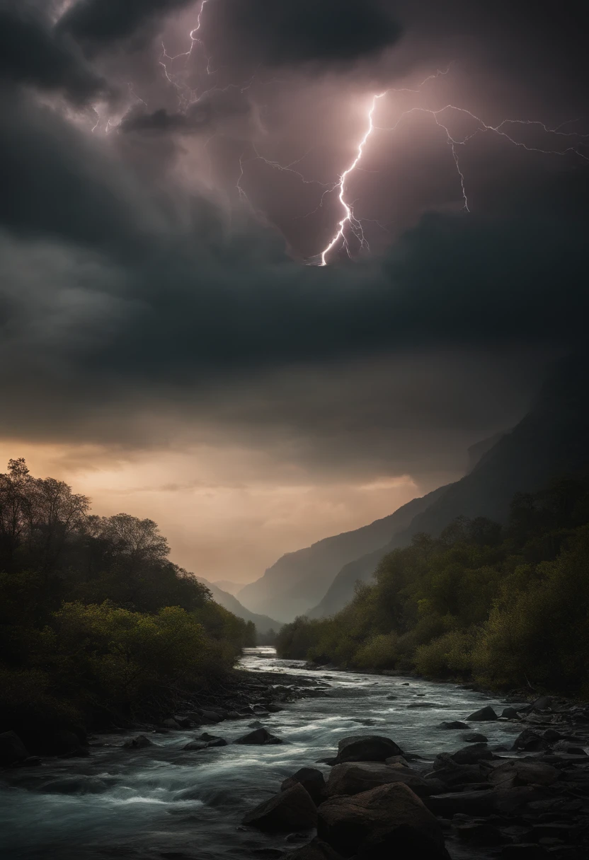 beast, surreal, tense, cold, highly detailed, sharp, professional, 8k UHD, movie, dark, violent, outdoor, river, battle, chase, dramatic, vivid, tense atmosphere, rendering, epic, twilight, HDR, album cover, blizzard, lightning, disaster