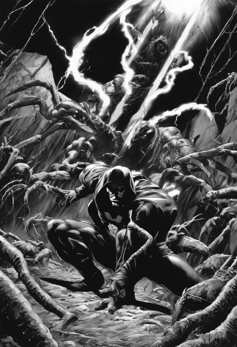 Heroi with cape fighting giant spiders using a torch, preto e branco, estilho Frank Miller