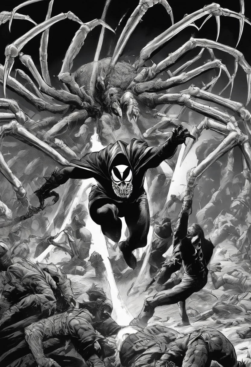 Heroi with cape fighting giant spiders using a torch, preto e branco, estilho Frank Miller