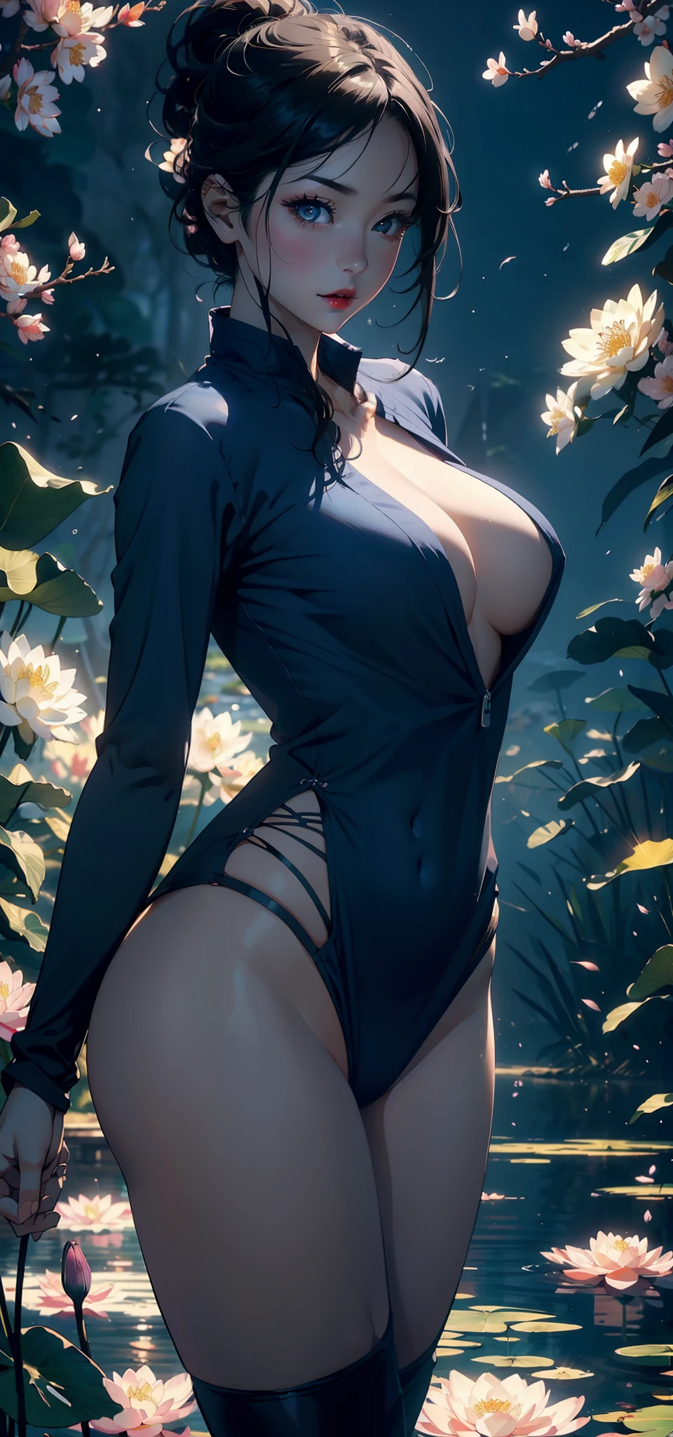 1female,45 yers old,Married Woman,熟妇,plumw,extremely large bosom, 独奏,(Background with:ponds,Cherry blossom forest,lotus flower)Lie underwater, She has short black hair,seen from the front,, mostly cloudy sky,(((tmasterpiece),(Very detailed CG unity 8K wallpaper),best qualtiy,cinmatic lighting,detailed back ground,beatiful detailed eyes,Bright pupils,Black eyes,Snow-whiteskin,Redlip(Very fine and beautiful),(Beautiful and detailed eye description),ultra - detailed,tmasterpiece,))facing at camera,A high resolution,ultra - detailed),revealing breasts,Bare genitalia, Bulge,legs are open,Raised sexy,Camel toes,Desire for dissatisfaction,frontage,Navy(Wearing:Blue navy uniform,Bare ,)