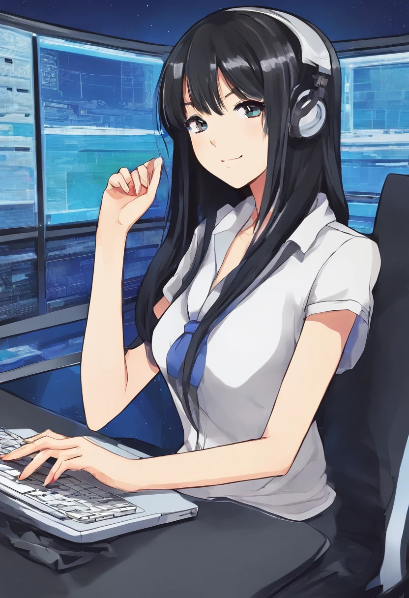 Long black hair high school girl sitting in front of computer、cool、Sharp eyes、Straight face、Facing the computer、Looking at a computer