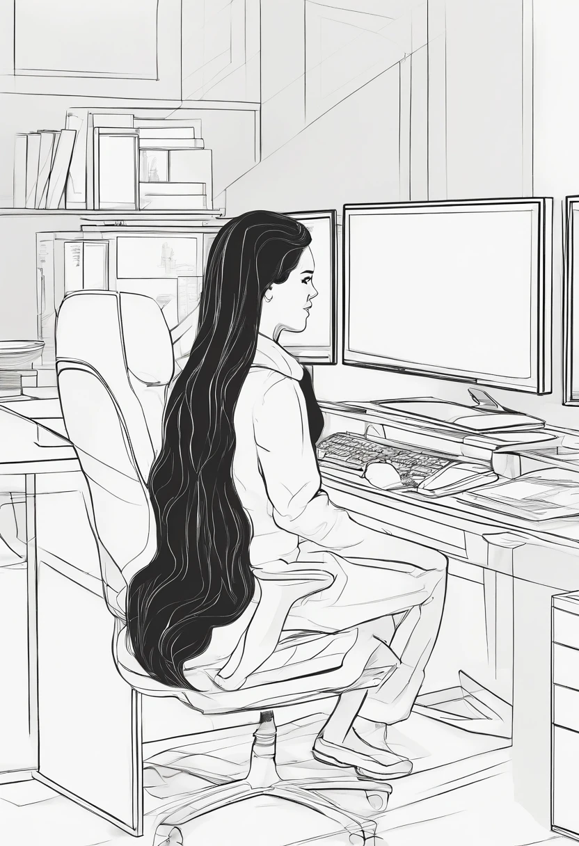 Long black hair high school girl sitting in front of computer、cool、Sharp eyes、Straight face、Facing the computer、Looking at a computer