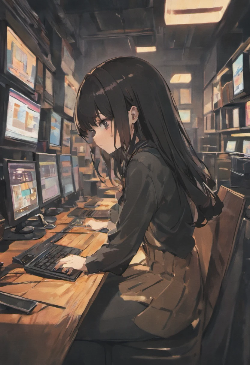 Long black hair high school girl sitting in front of computer、cool、Sharp eyes、Straight face、Facing the computer、Looking at a computer