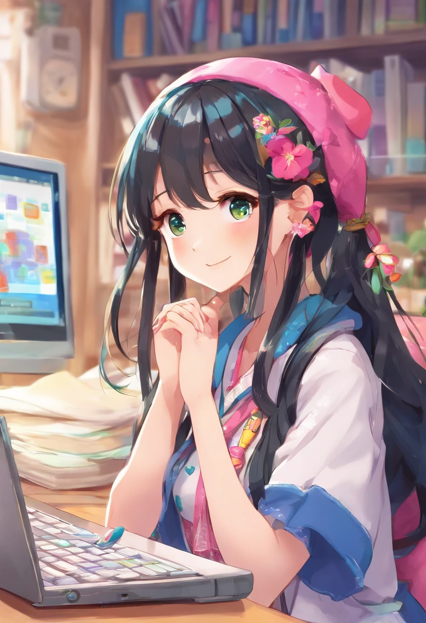 Long black hair high school girl sitting in front of computer、cool、Sharp eyes、Straight face、Facing the computer、Looking at a computer