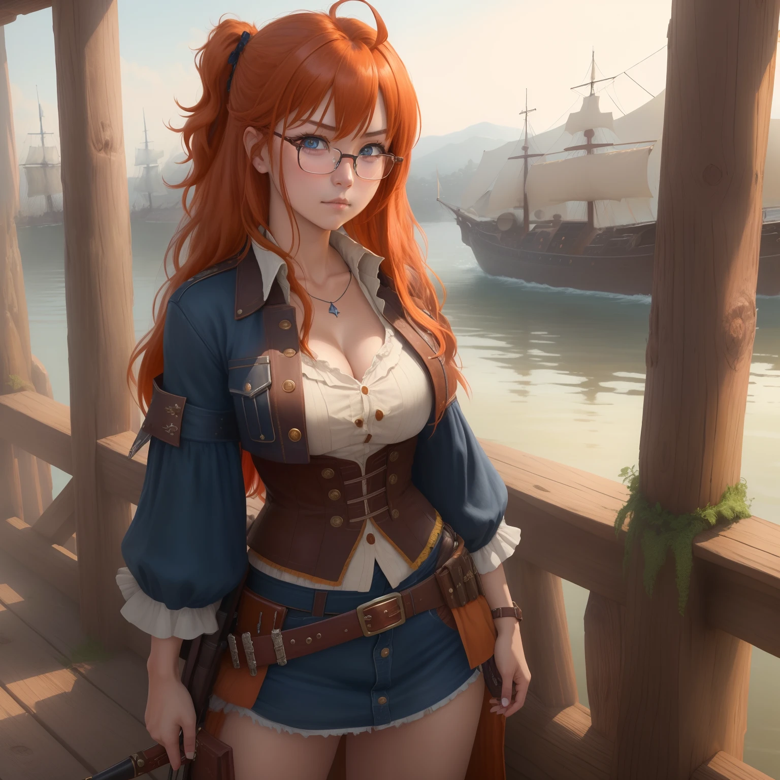 8k, masterpiece, best quality, realistic, higly detailed, cowboy shot, 1girl, solo, itsuki, serious looking girl, medium-length hair, expressive ahoge, reddish-orange hair, a pair of star-shaped hairpins near both of her eyes, dark blue eyes, average height, well-endowed figure, glasses, cute, pirate