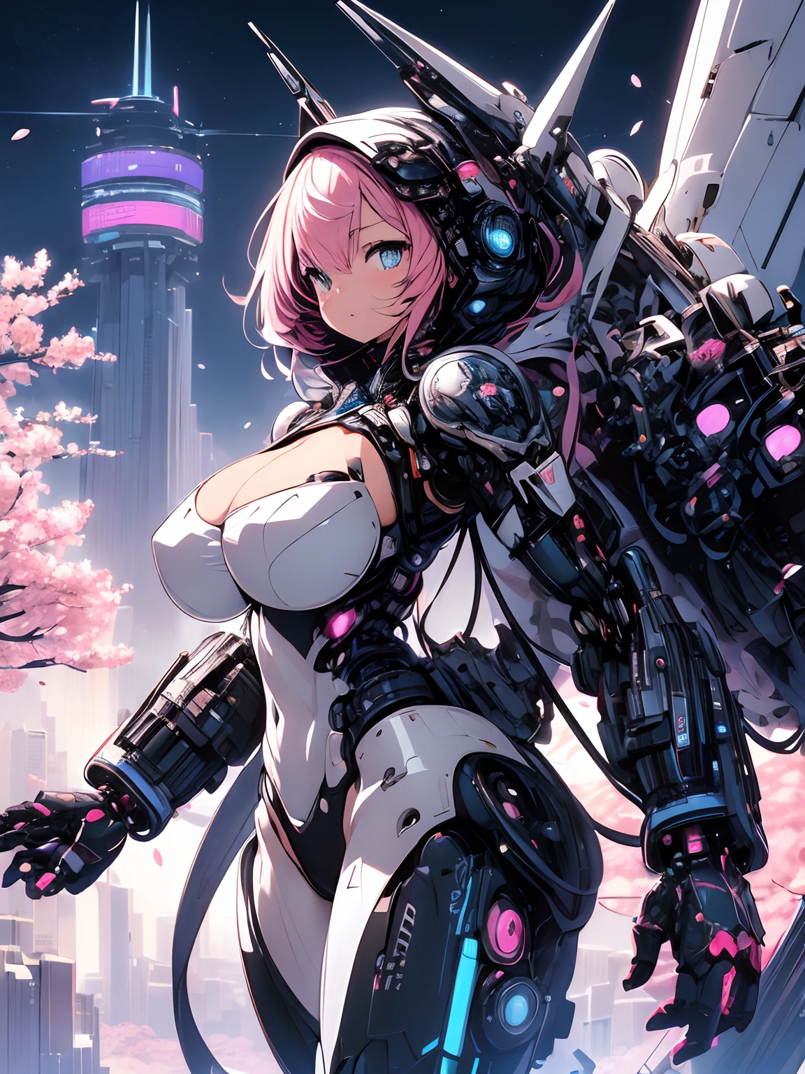 The most beautiful and sexy mecha warrior girl, pink hair, blue eyes, wearing a highly detailed futuristic hooded mecha battle armor, mechanical angel wings, huge enormously gigantic tits, cleavage showing, tons of tattoos and piercings, in hyper futuristic city metropolis, cherry blossoms blowing in the wind, highly detailed background, absurdres, highres, ultra detailed, (cute illustration:1.5), (cute,kawaii,sweet:1.2),
(1girl:1.4), bodysuit, cyborg girl,
hyper gigantic mechanical hands,incredibly dynamic pose, 
nice hands, perfect hands, incredibly cinematic, best quality, best resolution